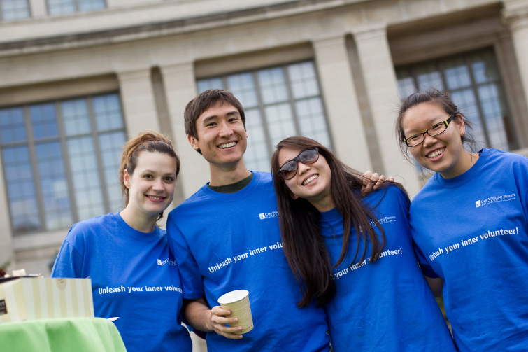 Case Western Reserve students standing outside the library